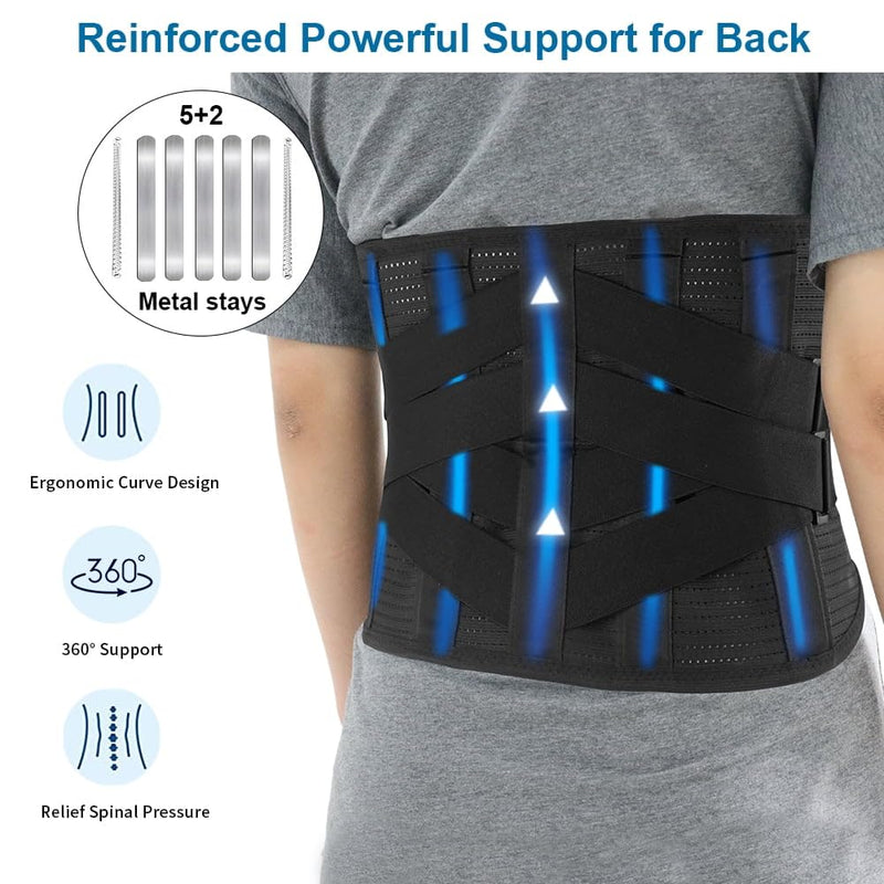 Heated Back Brace Rechargeable for Lower Back Pain Relief, Heating Lumbar Support Belt with 7 Metal Stays, 3 Heat Levels for Men Women Herniated Disc, Scoliosis,Sciatica (L) Large Black