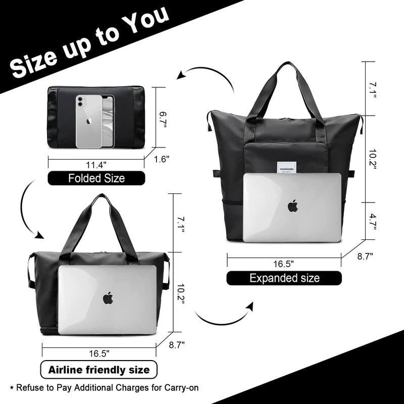 WOOMADA Foldable Travel Duffel, Weekender & Carry-On Bag with Expandable Space B-Black