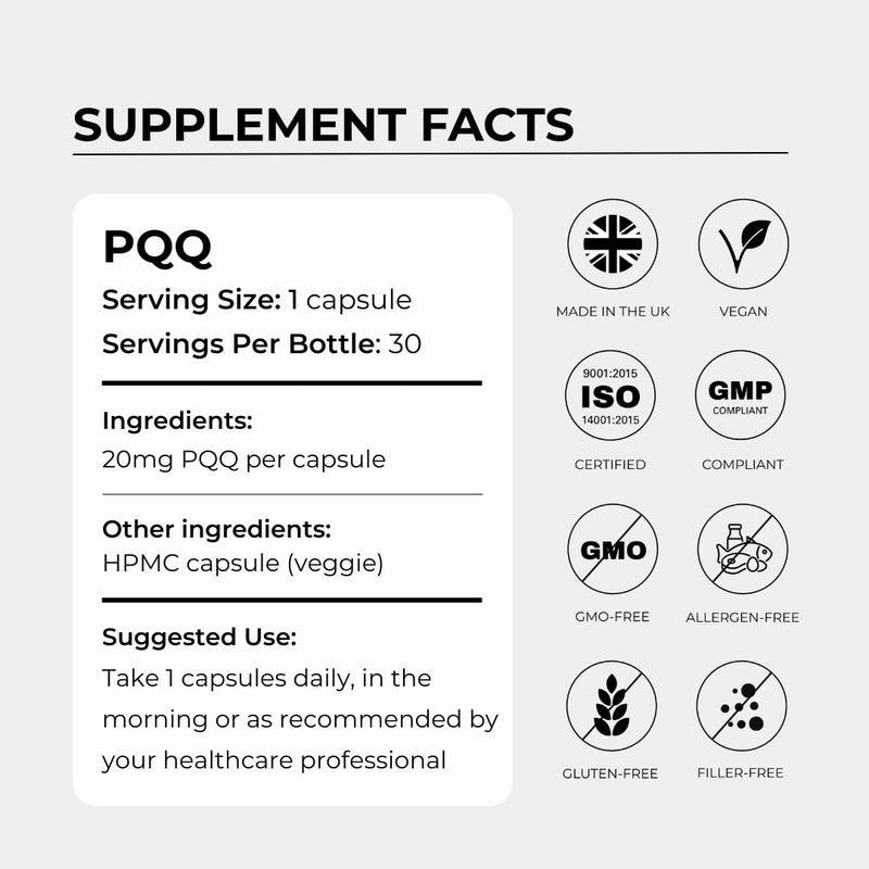 PQQ 20mg – 30 Vegan Capsules – 99%+ Highly Purified & Bioavailable Pyrroloquinoline Quinone – Cellular Energy & Mitochondrial Support – 30 Servings