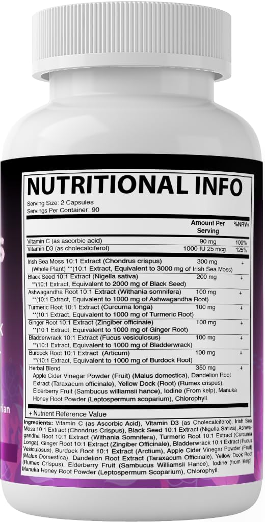 Vitamatic Sea Moss with Black Seed Oil, Ashwagandha, Turmeric, Bladderwrack & Burdock - 180 Vegan Capsules