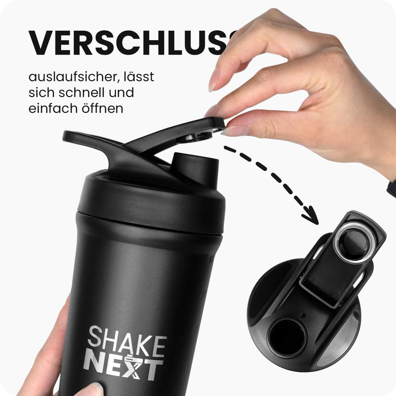 [Australia] - ShakeNext® stainless steel shaker [NEW INTRODUCTION] - Drinking bottle with mix ball 700ml, fitness shaker and protein shaker with leak-proof pressure cap, patented design (black) black 