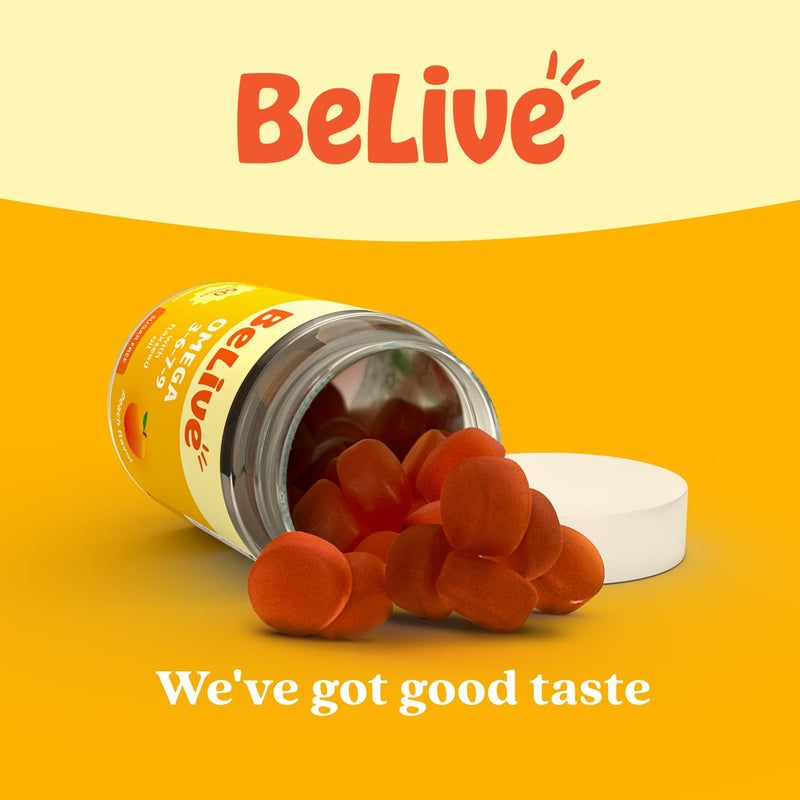 BeLive Omega 3 6 7 & 9 Gummies for Healthy Heart and Brain, Zero Sugar | From Flaxseed Oil & Sea Buckthorn Fruit Oil for Full Body Overall Support, Brain & Eye, Bone & Joint - Peach Flavor - 60 Ct 1