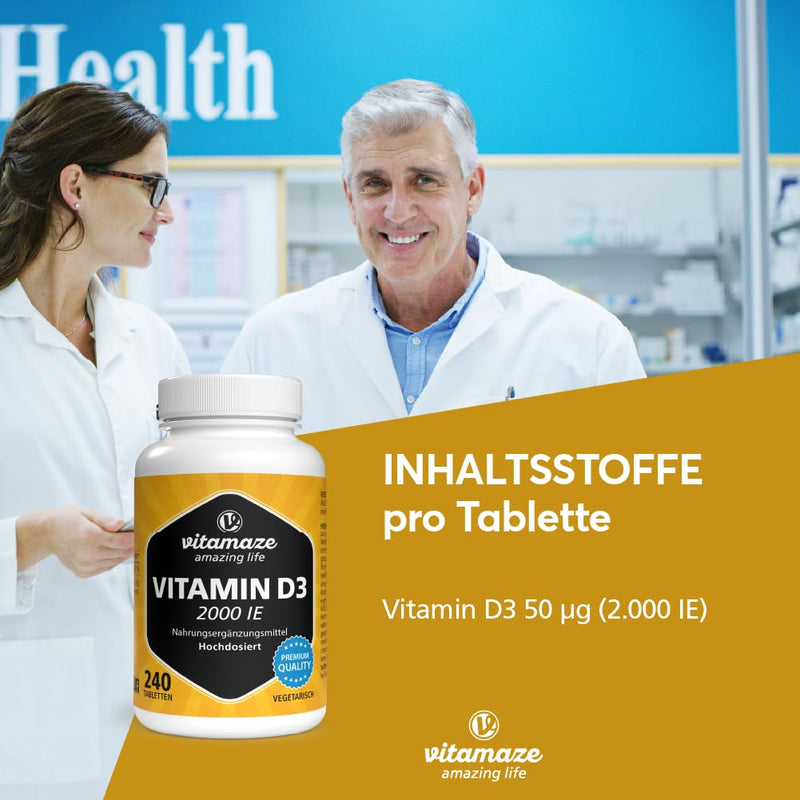[Australia] - Vitamin D3 2000 IU high dose, supply for over 1 year, 50 mcg pure cholecalciferol per 2-day dose, sunshine vitamin for bones and immune system, Made in Germany Vitamin D3 2,000 IU 