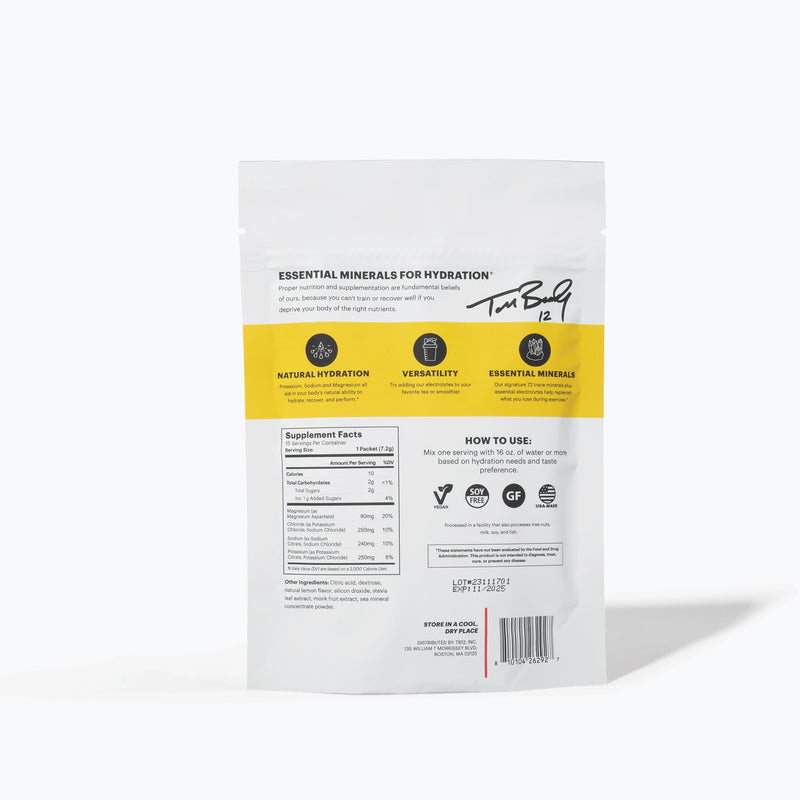 [Australia] - TB12 Powdered Electrolytes Supplement Powder for Fast Hydration by Tom Brady-Lemonade, 15 Stickpacks. Natural, Easy to Mix. Low Sugar, Low Calorie, Vegan. Free of Dairy, Gluten and Soy. Non-GMO. Lemonade 3.75 Ounce 