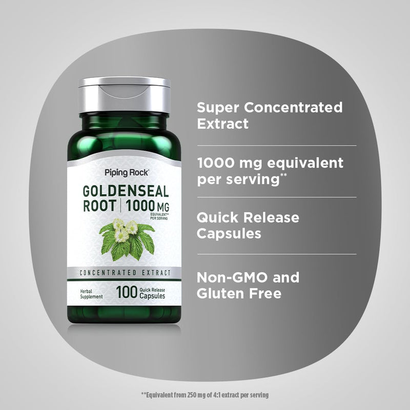 [Australia] - Piping Rock Goldenseal Root Capsules 1000mg | 100 Capsules | Herbal Supplement | Concentrated Extract | Non-GMO, Gluten Free 