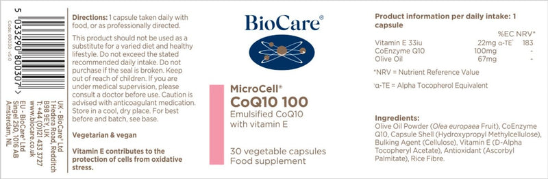 BioCare MicroCell CoQ10 100 - Emulsified Coenzyme Q10 with Vitamin E for Antioxidant Support - 30 Capsules 30 count (Pack of 1)