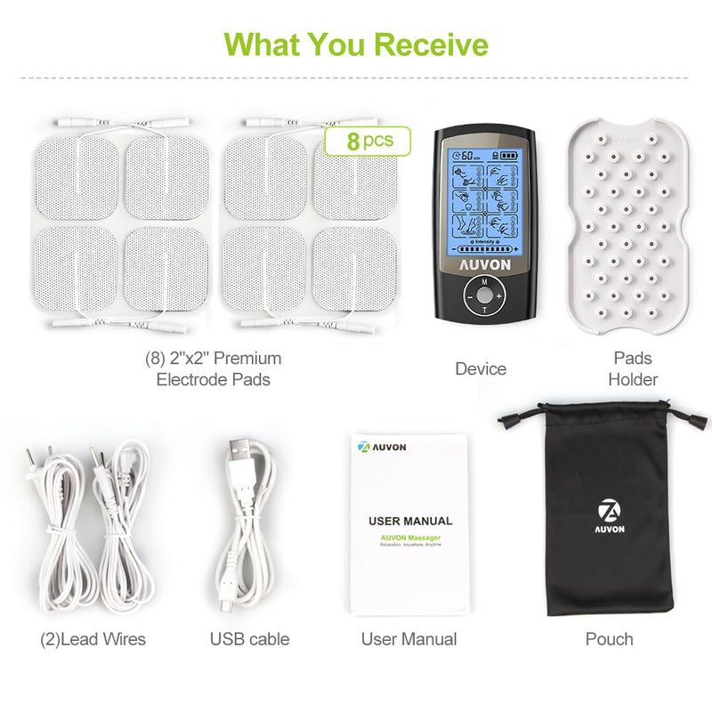AUVON 24 Modes TENS Unit Muscle Stimulator for Pain Relief, Premium Pads | Rechargeable TENS Machine, Drug-Free Pain Relief for Shoulder, Lower Back, Muscle, Physical Therapy, 8pcs Electrode Pads Black
