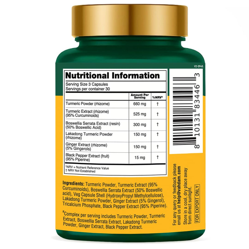 VAHDAM Turmeric Curcumin Supplement 1800mg (500mg Curcuminoids) with Boswellia & Piperine | 90 Capsules