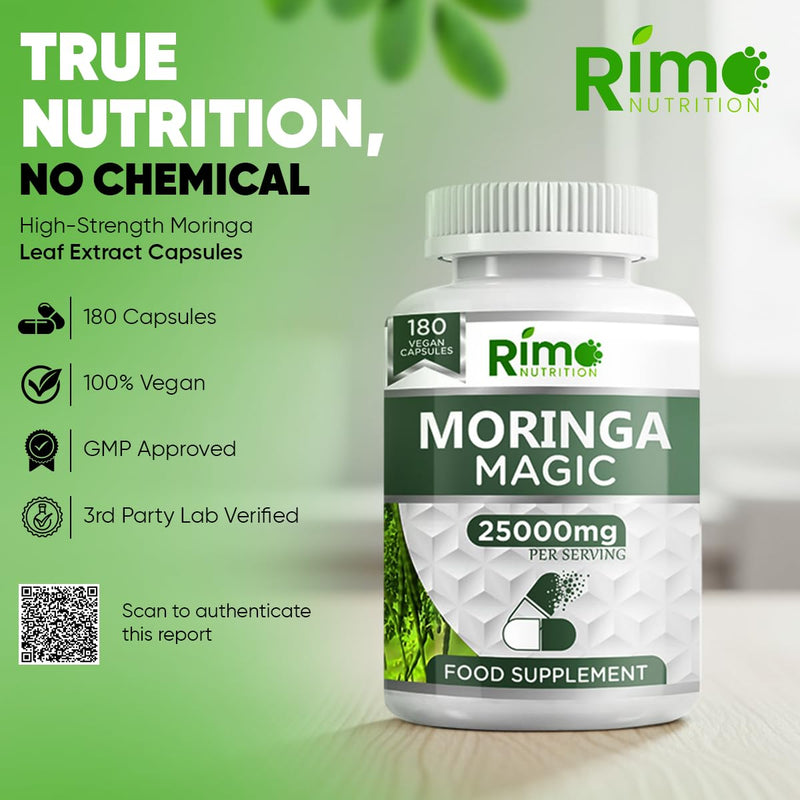 Rosabella Moringa 6-Month Supply | 180 High-Strength Rosabella Moringa Capsules 25000 mg Equivalent Pure Potent Leaf Extract – Vegan, Non-GMO, Gluten-Free, No Additives – Lab-Tested