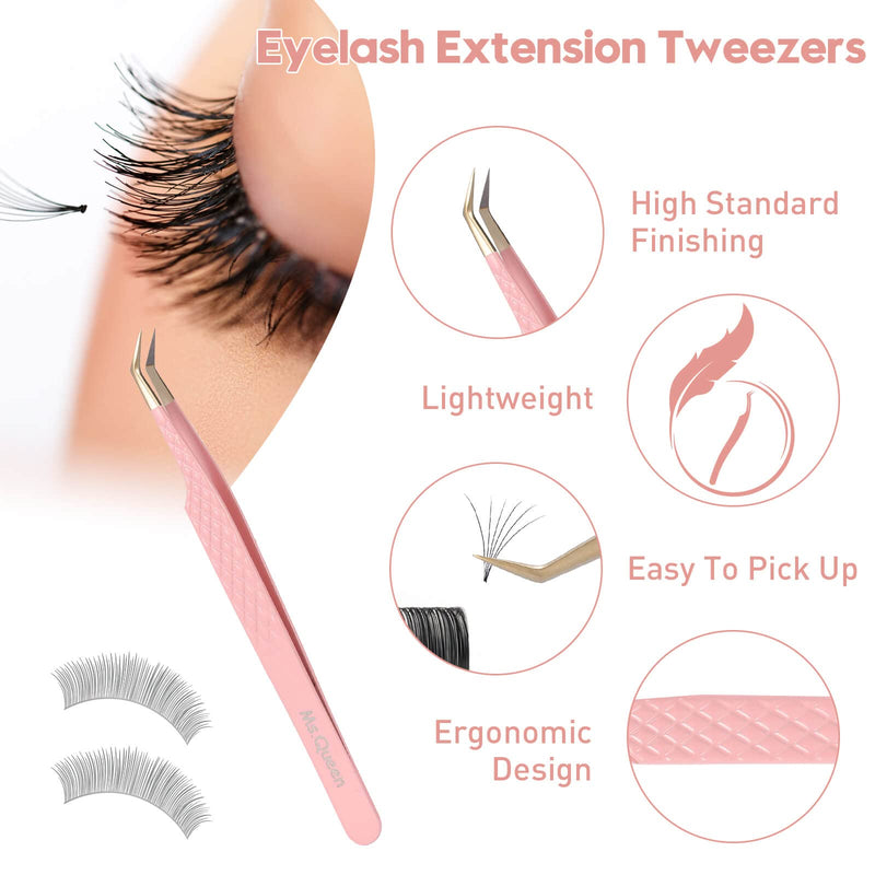 Ms.Queen Eyelash Extension Tweezers Set,Fiber Tip Volume Tweezers Curved 45 90 Degree Angled Tip Lash Tweezers for Mega Volume Mink Lashes 5PCS SET 5pcs Tweezers Set/M018