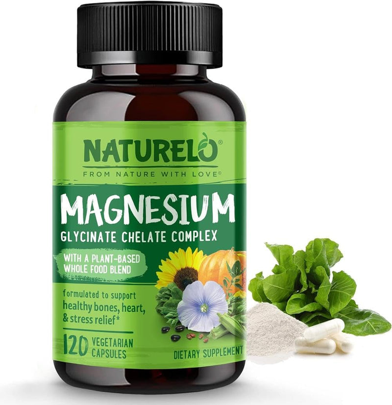 NATURELO Magnesium Glycinate Chelate Complex - 200 mg Magnesium with Whole Food Extracts to Support Energy, Nerves & Healthy Bones – 120 Vegan Capsules | 4 Month Supply 120 count (Pack of 1)