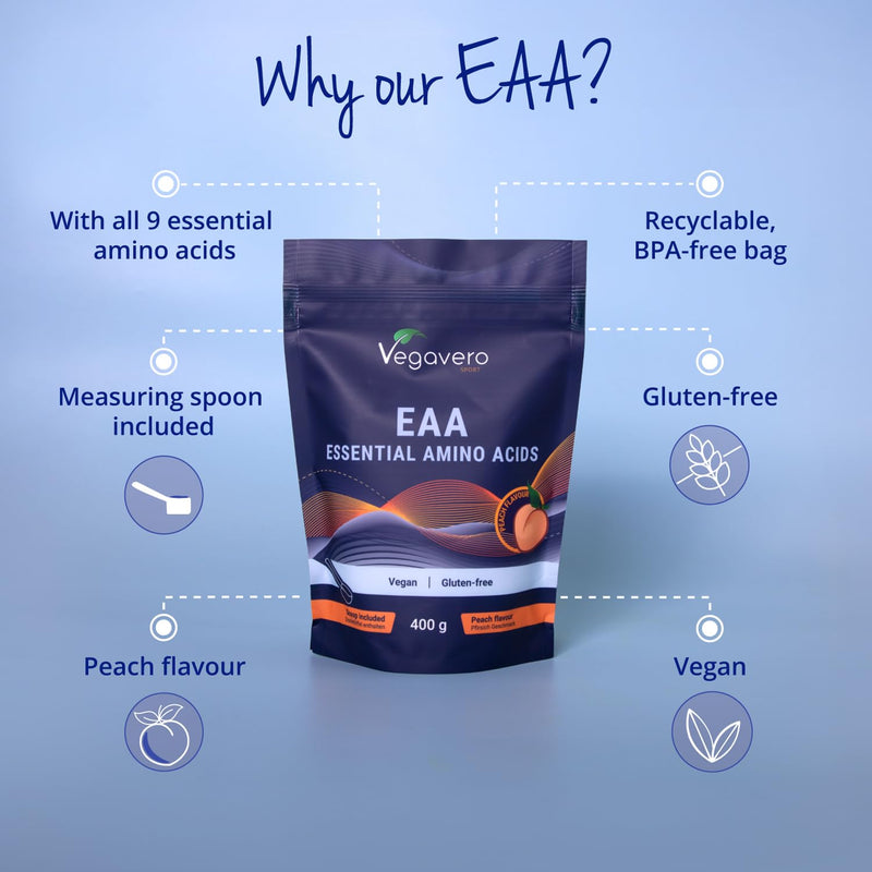Vegavero EAA Amino Acids Powder | All 9 Essential Aminoacids: BCAAs + Leucine | Sugar Free Peach Flavour | 400g Workout Supplement | NO Additives | Vegan