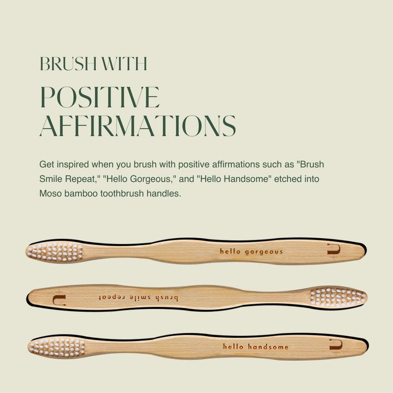 Biodegradable and Eco-Friendly Bamboo Toothbrush 4-Pack - BPA Free Soft Bristle - Dentist-Approved and All-Natural with Positive Affirmations Etched on Handles by Plus Ultra 4 Count (Pack of 1)