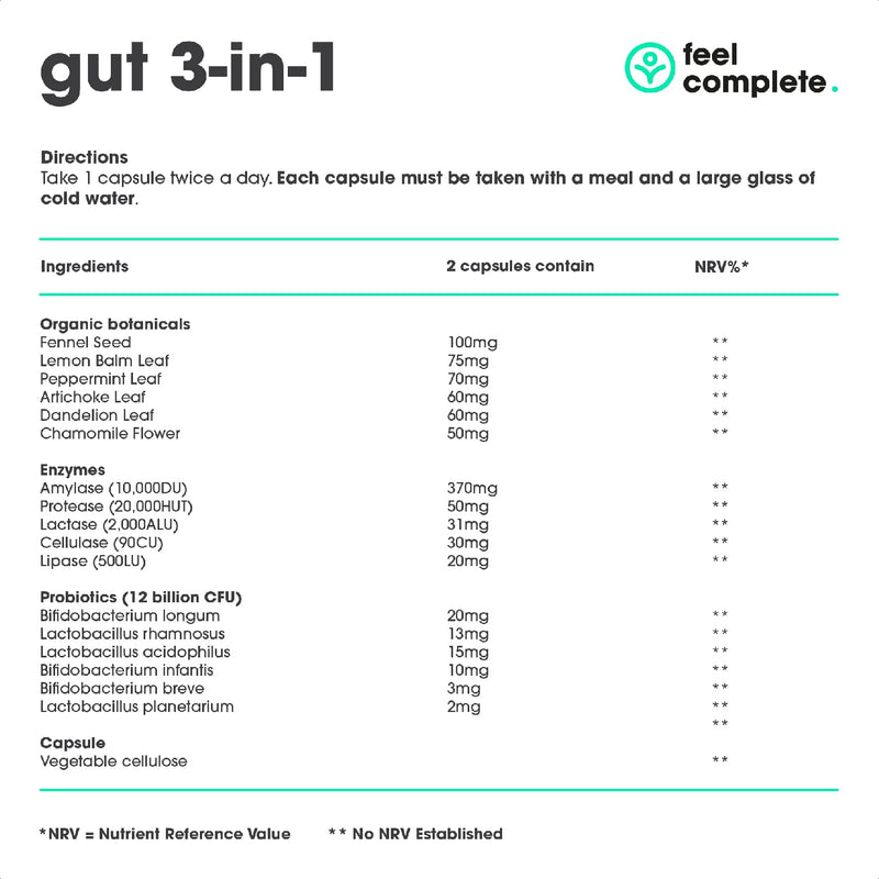 Feel Complete | Gut 3-in-1 | Premium Digestive Supplement | Probiotics & Digestive Enzymes & Prebiotics | Gut Health | Vegan | Made in The UK | 60 Capsules 60 count (Pack of 1)