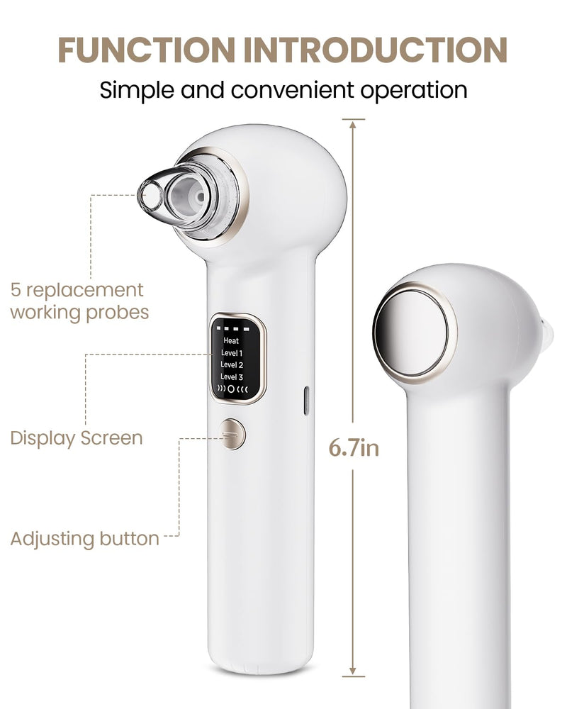 Pore Vacuum Blackhead Remover Kit - 5 Suction Heads & Extractor Tools, 3 Adjustable Suction Levels - Facial Pore Cleansing for Women&Men (White) White
