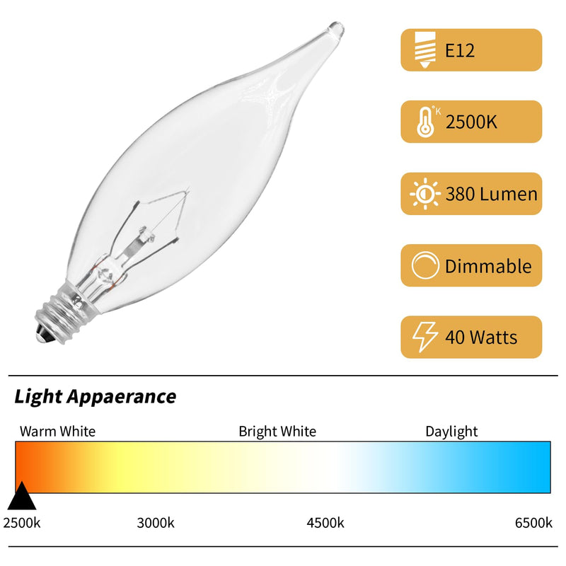[Australia] - 12-Pack E12 Candle Light Bulbs 40W Warm White 2500K, 380 Lumen Dimmable Chandelier Light Bulbs for Ceiling Fan, Pendants or Outdoor, CA10 Clear Candelabra Base Bulbs 40W-12PCS 