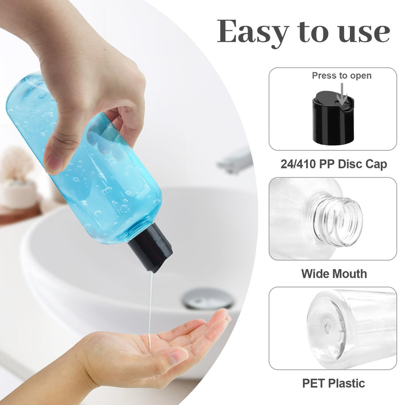 16 oz BPA Free Plastic Suqeeze Bottles with Black Disc Caps Refillable Travel Containers for Toiletries Shampoo conditioner Lotions Liquid Soap Shower Gel (26Pack, Clear)