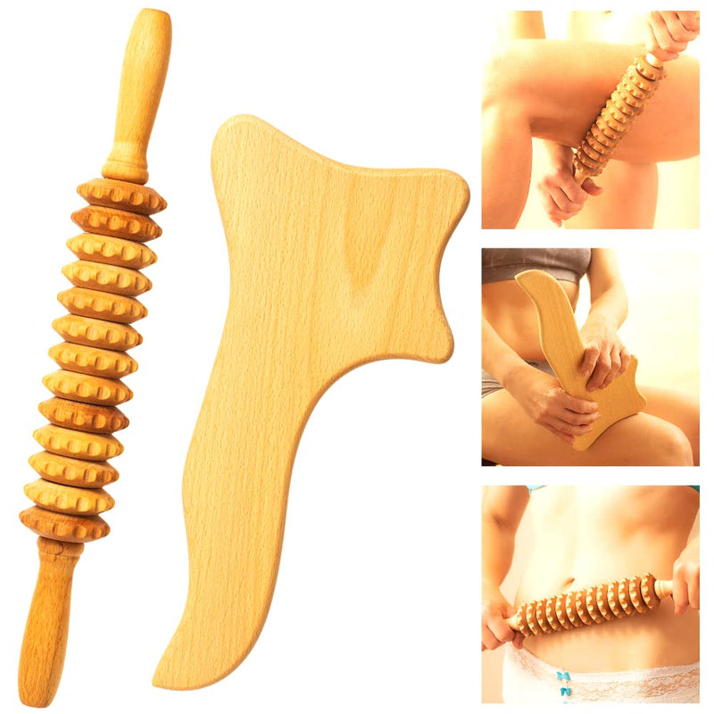 [Australia] - Wood Massage Tools - 2 in 1 Wooden Lymphatic Massager Straight Roller Stick and Gua Sha Paddle Set - Massage Kit for Lymphatic Drainage, Body Sculpting, Muscle Shaping, Maderoterapia Roller & Paddle 