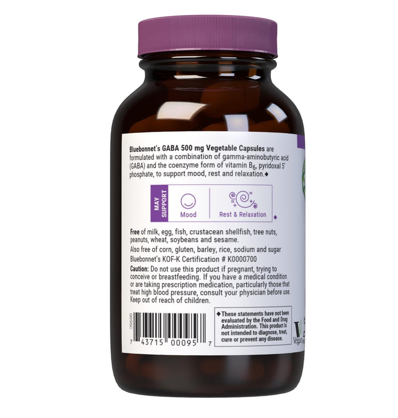 BlueBonnet Nutrition GABA 500 mg, 60 Vegetable Capsules | For Stress Relief & Supports Relaxation; Non-GMO, Vegan, Kosher, Gluten-Free, Soy-Free 60 Count (Pack of 1)
