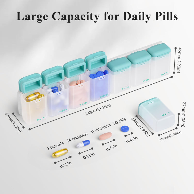 KOVIUU Weekly Pill Organizer, Magnetic Medicine Vitamin Case 1 Time a Day | Week Once Daily Supplement Box, Removable Medication Container Holder for Fridge, 7 Day Large Travel Pill Dispenser, Cyan