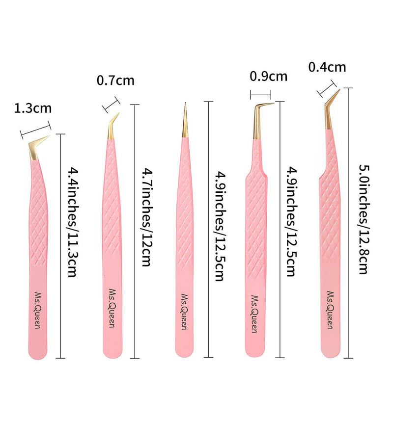 Ms.Queen Eyelash Extension Tweezers Set,5Pcs Fiber Tip Grip Isolation and 45 90 Degree Volume Lash Tweezers for Eyelash Extensions