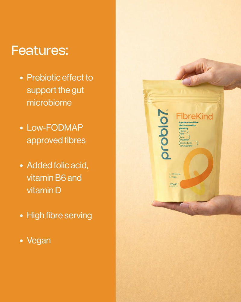 Probio7 Probiotics FibreKind - Fibre Supplement for Sensitive Stomachs. 4 Types of Low-FODMAP Approved Fibres, Acacia Fibre & Partially Hydrolysed Guar Gum (PHG) with Ashwagandha | 30 Servings