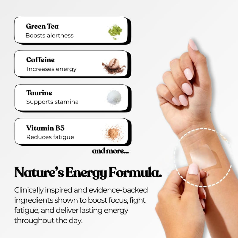 Advanced Energy Boost Patch for Tiredness, Fatigue, Alertness, Mental Focus | Caffeine, Taurine, Green Tea, Vitamin B3, B5, B6 & More | Vegan & Latex Free (Pack of 15)