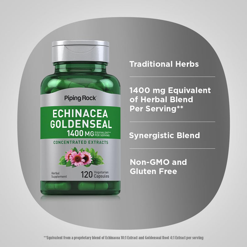 [Australia] - Piping Rock Echinacea Goldenseal Capsules | 1400mg | 120 Vegetarian Capsules | Non-GMO, Gluten Free Supplement 