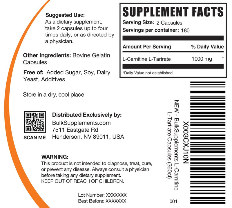 [Australia] - BulkSupplements.com L-Carnitine L-Tartrate Capsules - Carnitine Supplement, L Carnitine 1000mg Capsules - L-Carnitine Tartrate, Gluten Free - 2 Capsules per Serving, 360 Capsules (Pack of 1) 