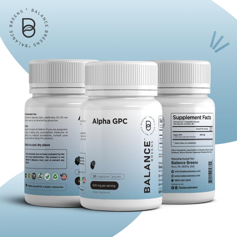 [Australia] - Alpha GPC Choline Supplement 600mg – 120 Vegetable Capsules - Advanced Memory Formula, Nootropics Brain Support Supplement - Non-GMO and Gluten Free Pills by Balance Breens 120 Count (Pack of 1) 