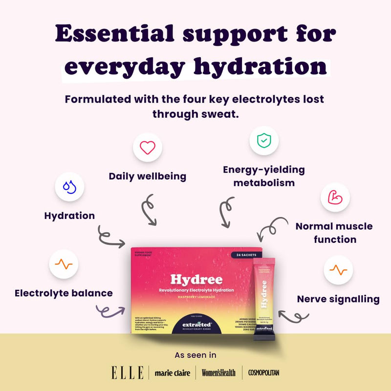 Hydree Advanced Electrolyte Drink Mix, Sodium Potassium Magnesium Calcium Citrate Blend, Natural Raspberry Flavour, Zero Sugar, Himalayan Salt and Stevia, 24 Single-Serve Sachets