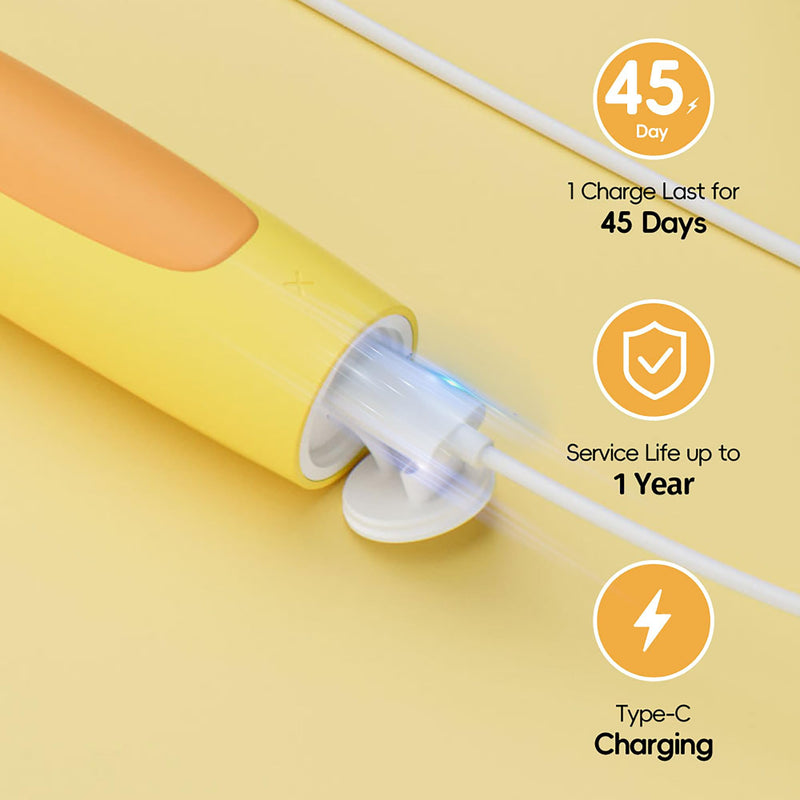 [Australia] - KIWIBIRD Kids Electric Toothbrush for Ages 3–10 | Toddler Sonic Toothbrush with 4 Modes & Soft Silicone Bristles | 2-Min Timer Pressure Sensor | 45-Day Rechargeable Battery | IPX8 Waterproof (Yellow) Yellow 