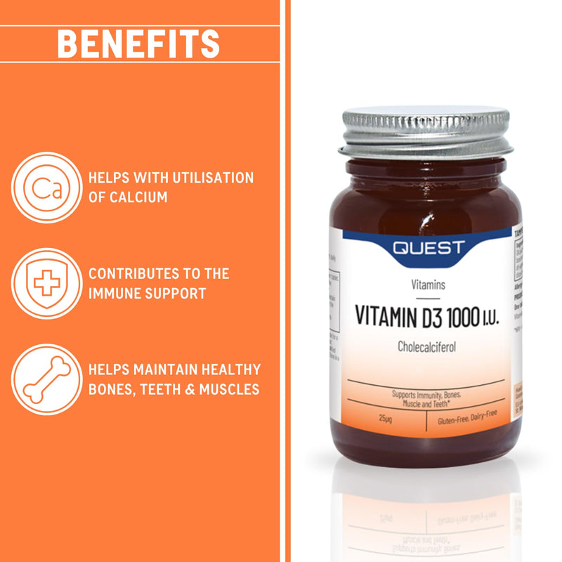 Quest - Vitamin D3 1000i.u High Strength VIT D Supplements Tablets. Easy to Swallow One A Day D3 Vitamin for Immune System, Healthy Bones, Teeth and Muscles (90 Tablets) 1 count (Pack of 90)