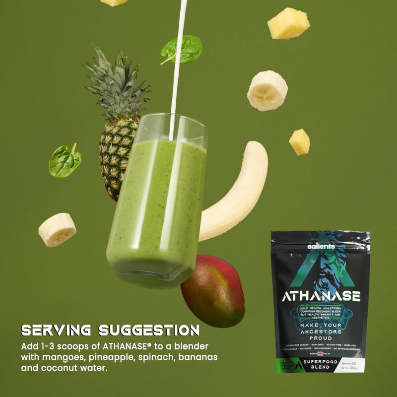 ATHANASE® | Men's Super Greens Powder | Superfood Powder Blend | Includes Maca Root, Guarana, Ashwagandha, Lions Mane (Whole Fruiting Body), Shilajit, Fenugreek & More | 250g UK 250 g (Pack of 1)