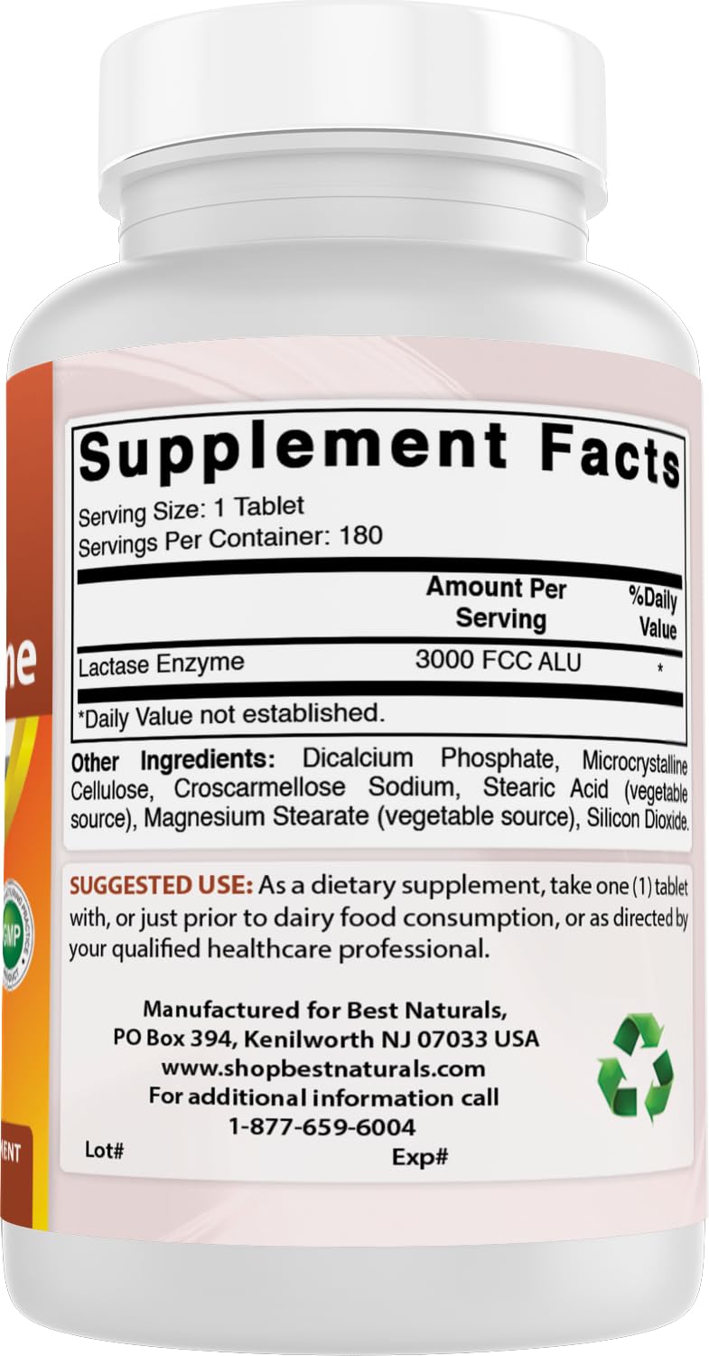 Best Naturals, Fast Acting Lactase Enzyme, 3000 FCC ALU, 180 Tablets (180 Count (Pack of 2))