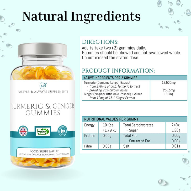 Turmeric Gummies & Ginger - 120 x Orange Flavoured High Strength 13500mg of Turmeric Curcumin Per Serving, 2 Months Supply Daily Vitamin Gummies for Adults, Joint Supplement