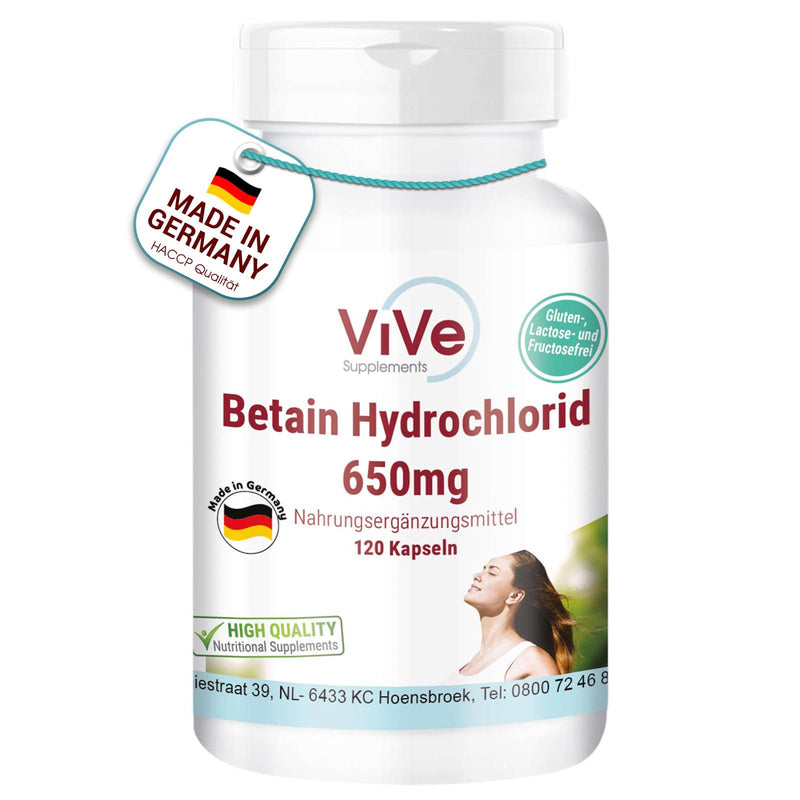 [Australia] - Betaine hydrochloride 650 mg - 120 capsules for 1 month - 76% betaine - high dosage and vegan | Quality from Germany from ViVe Supplements 