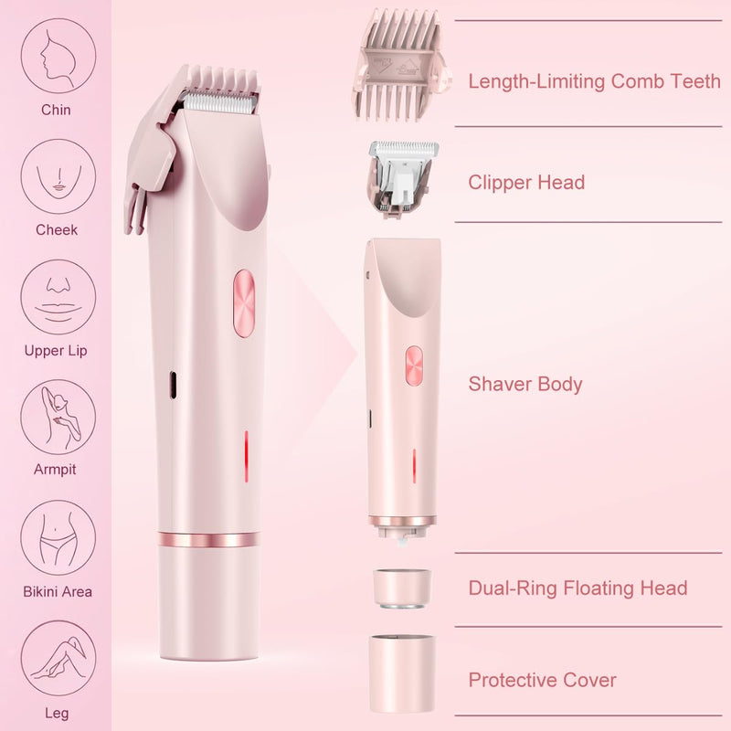 Women's Electric Shaver Bikini Trimmer for Women Razors 2-in-1 Dual Head Design IPX7 Waterproof Wet & Dry Use Body Groomer Hair Trimmer Remover for Facial Underarm Arm Face Leg Bikini (Pink) Pink