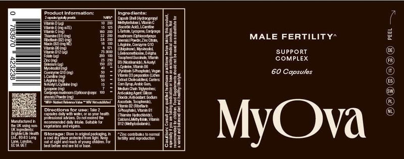 MyOva Male Fertility Supplements - Enhances Sperm Quality, Count & Hormonal Balance - Supports Conception for Men - Includes Zinc, Selenium, Vitamins C, D, E - 60 Capsules 1 count (Pack of 60)