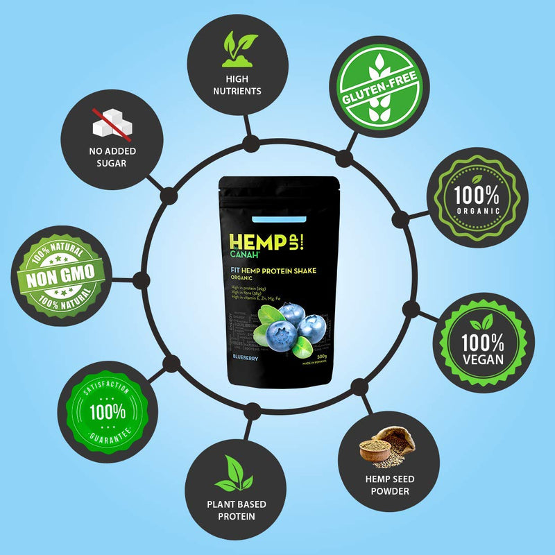 Canah® Hemp Up Blueberry Organic Shake - Fit Hemp Protein Shake for Healthy Lifestyle Meal Replacement Shake with Premium Ingredients for Optimum Nutrition Allergen Free High in Protein 300 Grams