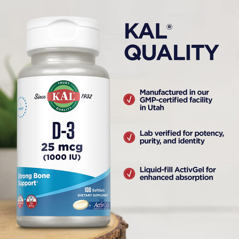 KAL Vitamin D3 1000 IU Softgels (25 mcg), Active Form of Vitamin D, Calcium Absorption, Bone Health, Immune Support Supplement, Liquid Filled ActivGel, Made Without Soy, 100 Servings, 100 Softgels 100 Count (Pack of 1)
