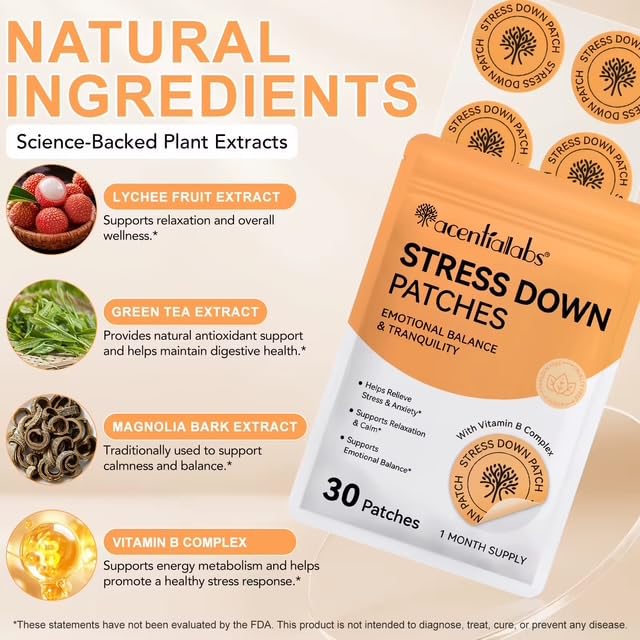 Stressdown Patches for Stress Relief, Transdermal, Vitamin B Complex, Vegan, Once-Daily, 60 Count