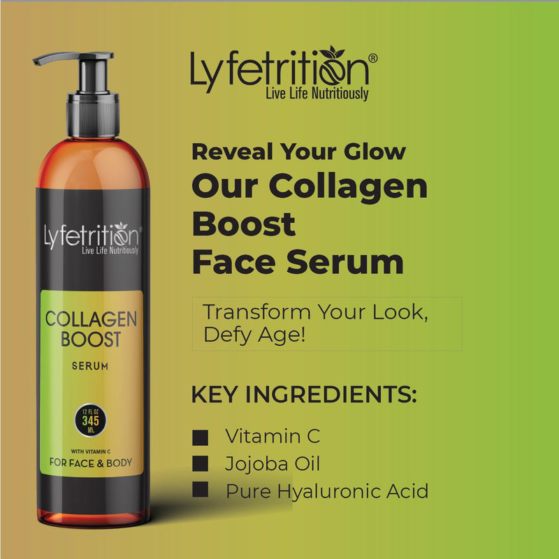 Lyfetrition Collagen Boost Face Serum Enriched With Vitamin C, Hyaluronic Acid & Jojoba Oil, Reduces Wrinkles, Heals, And Repairs Skin, Facial Serum For Visibly Firm And Smooth Skin, 12 Oz