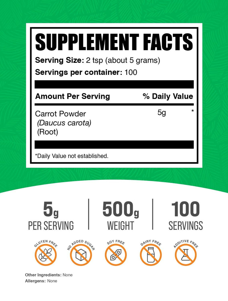 BulkSupplements.com Carrot Powder - Superfood Powder Supplement, Carrot Supplement - for Smoothies & Baking, Vegan & Gluten Free, 5g per Serving, 500g (1.1 lbs) (Pack of 1) 1.1 Pound (Pack of 1)