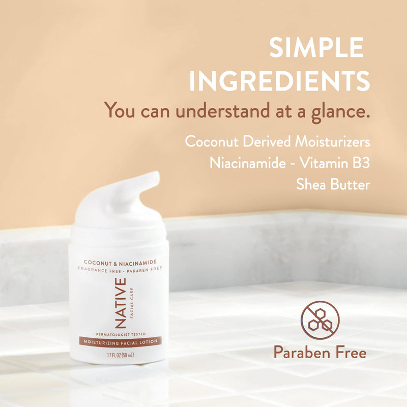 Native Moisturizing Daily Facial Moisturizer Gentle Face Lotion Hydrating Cream for Women and Men with Vitamin B3 & Coconut Lightweight Non Greasy Formula - 1.7 fl oz Moisturizing, Coconut & Vitamin B3