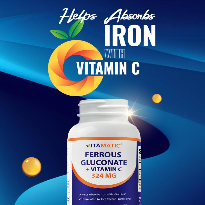 Vitamatic Ferrous Gluconate 324 mg + Vitamin C 100 mg - No Artificial Color Additives - Gentle on Stomach - 250 Coated Tablets - Made in USA