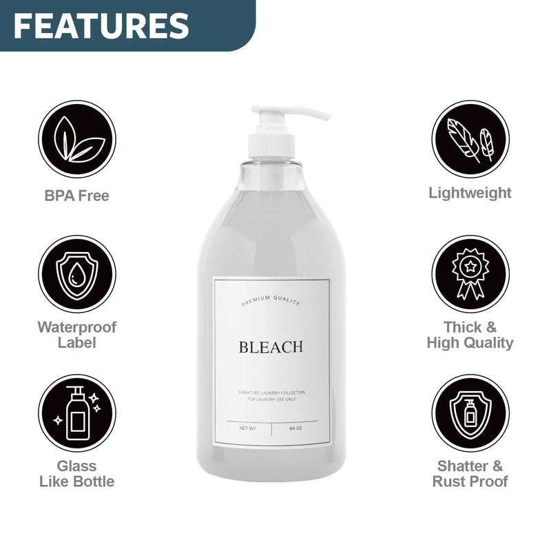 [Australia] - Calindiana Modern Farmhouse Bleach Liquid Laundry Detergent Dispenser for Laundry Room Decor and Organization, PET Plastic Landry Soap Containers with Water Resistant Label, Clear 64oz Clear Bottle/White Label 