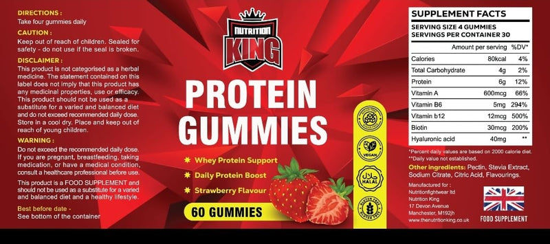 Protein Gummies Strawberry Flavour – 60 Gummies | Whey Protein Supplement with Vitamin B12, B6, Biotin & Hyaluronic Acid | High Protein Vitamin Gummies |