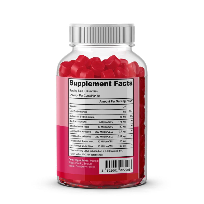Women’s Probiotic Gummies | 5 Billion CFU, 6 Strains with Fibre | Daily Supplement for Women | Vegan, Gluten & Dairy Free | Cranberry Flavour | 60 Gummies