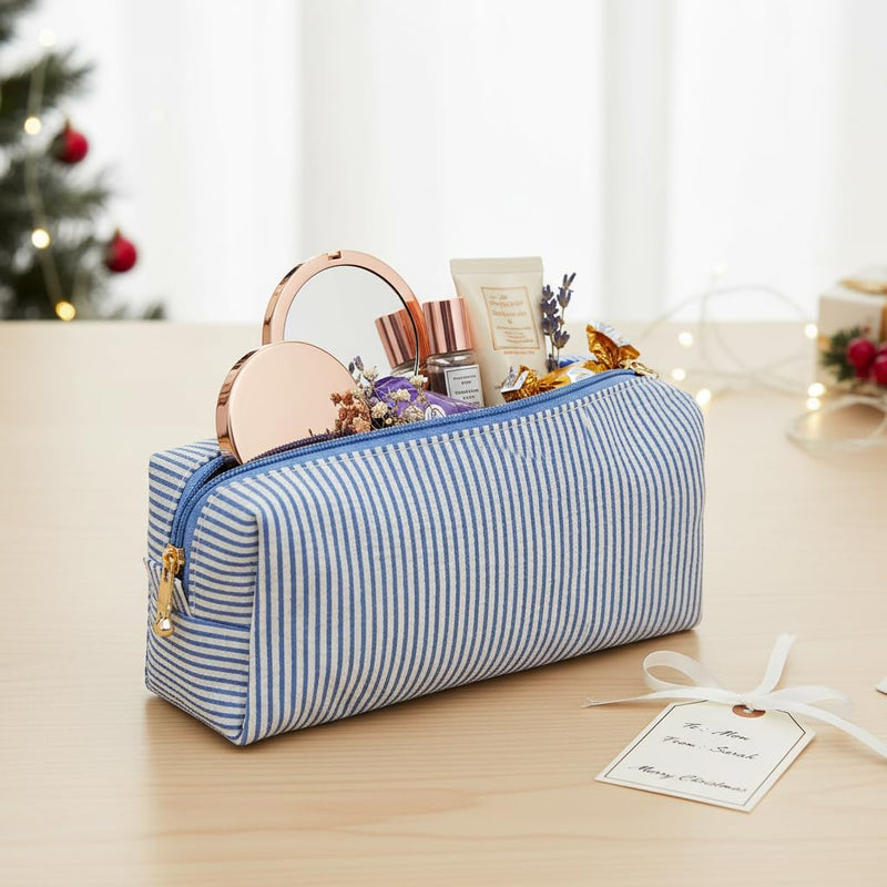 12 PACK Makeup Bags-Bulk Seersucker Cosmetic Bag for Women Bridesmaid Gifts Makeup Pouch for Wedding Party Favors Bachelorette Party Decorations Travel Toiletry Organizer Graduation Gifts(12, Blue) 12